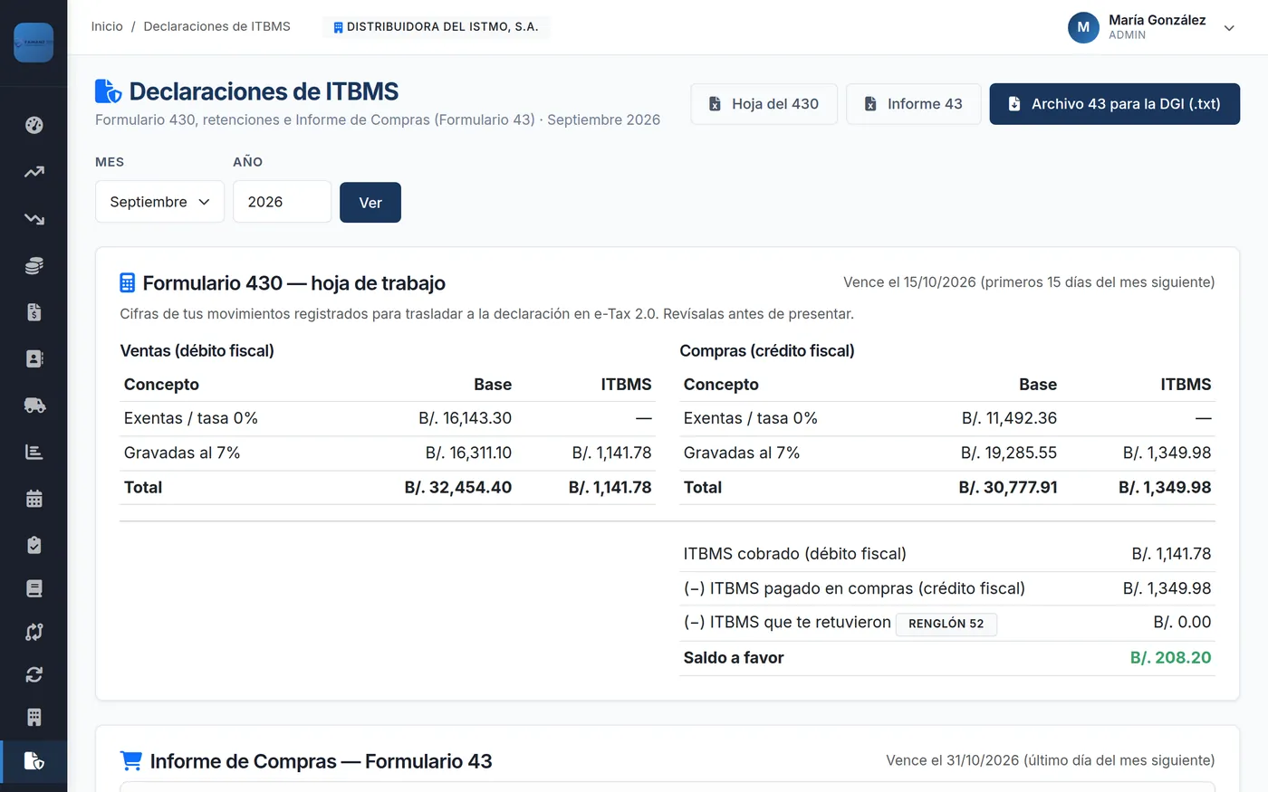 Declaración de ITBMS en FAiNANZ con la hoja de trabajo del Formulario 430 y el Informe de Compras Formulario 43